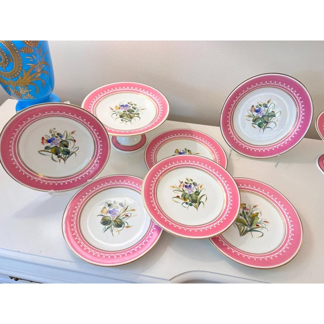 Antique French Pink Old Paris Porcelain hand-painted dessert set with 12 plates and 5 assorted tazzas, porcelain with gilt accents - 17 pcs For Sale - Image 11 of 18