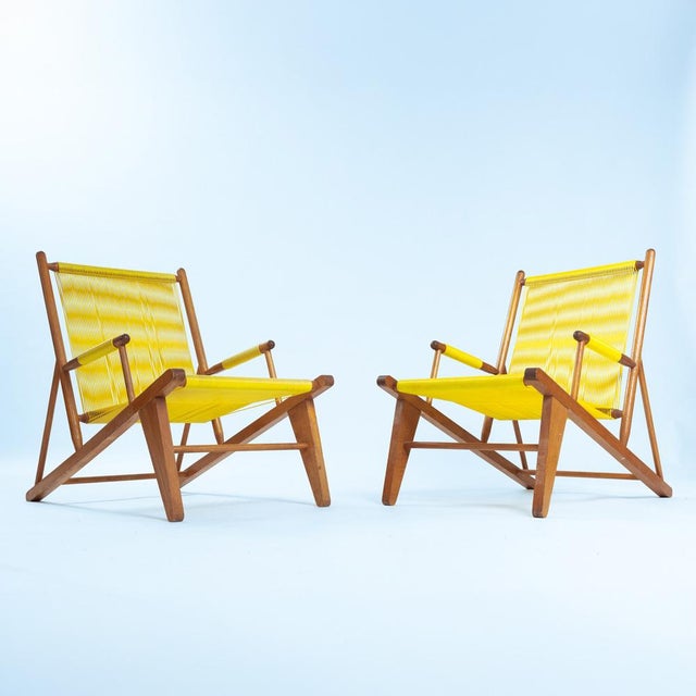 Mid-Century Modern Beechwood Yellow Spaghetti Garden Lounge Chairs, 1960s, Set of 2 For Sale - Image 3 of 18