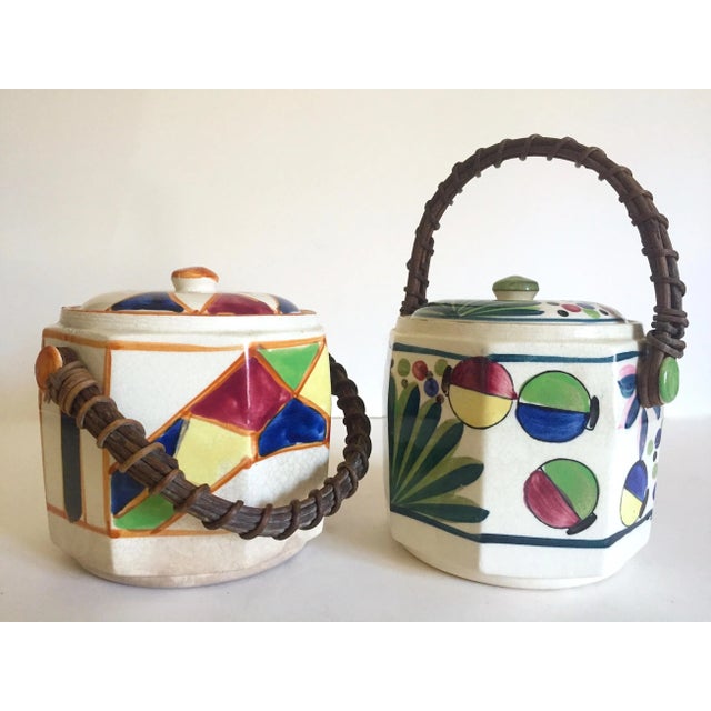Vintage 1930's Art Deco Japan Hand Painted Porcelain Handled Ceramic Biscuit Barrel Jars - Set of 2 For Sale - Image 10 of 13