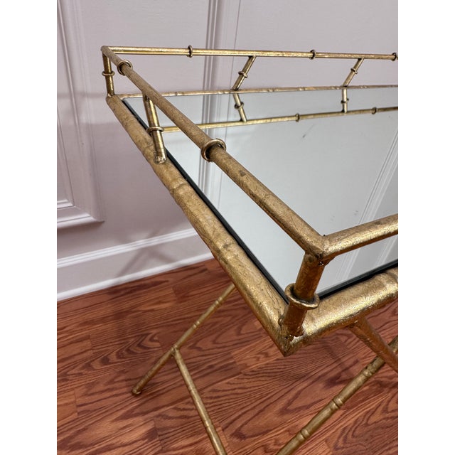 Vintage Hollywood Regency Faux Bamboo Gold Finish Mirror Collapsible Tray Table For Sale - Image 9 of 12