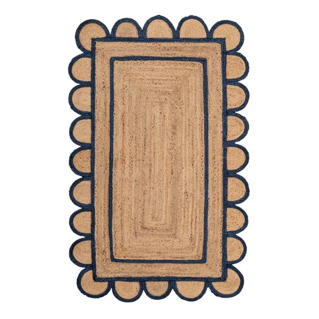 5'x8' Scallop Jute Navy Hand Made Rug, Bohemian Decor For Sale - Image 9 of 12