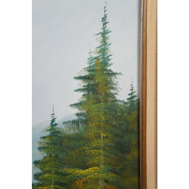 Wood Vintage Lantren Forest Lake Mountain Landscape Oil Painting 32" For Sale - Image 7 of 10