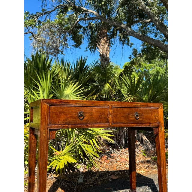 Chinese Antique Chinese Ming Style Solid Elm Writing Desk or Console Table With Original Ring Pulls For Sale - Image 3 of 6