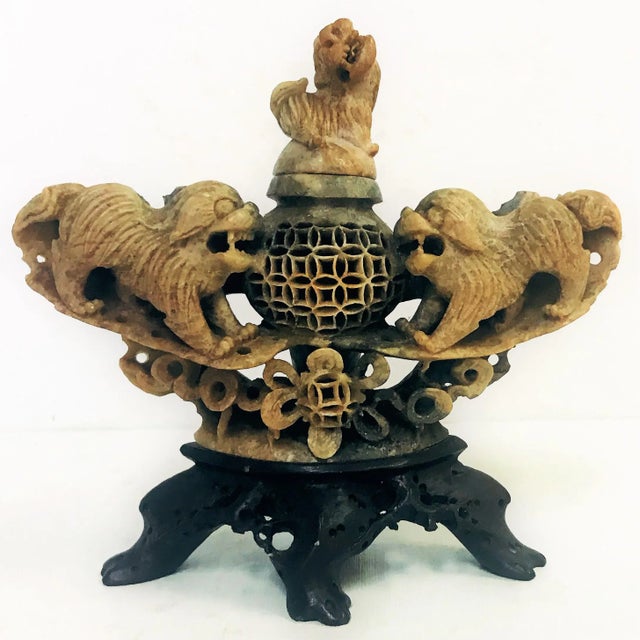 Vintage Carved Chinese Soapstone Incense Burner With Three Foo Dogs For Sale - Image 13 of 13