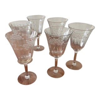 Vintage Etched Crystal Wine Goblets Set of 6 For Sale