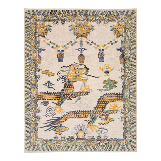 9x12 Hand-Knotted Modern Chinoiserie Wool Rug – Dragon & Cloud Motif in Cream For Sale
