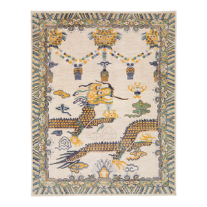 9x12 Hand-Knotted Modern Chinoiserie Wool Rug – Dragon & Cloud Motif in Cream