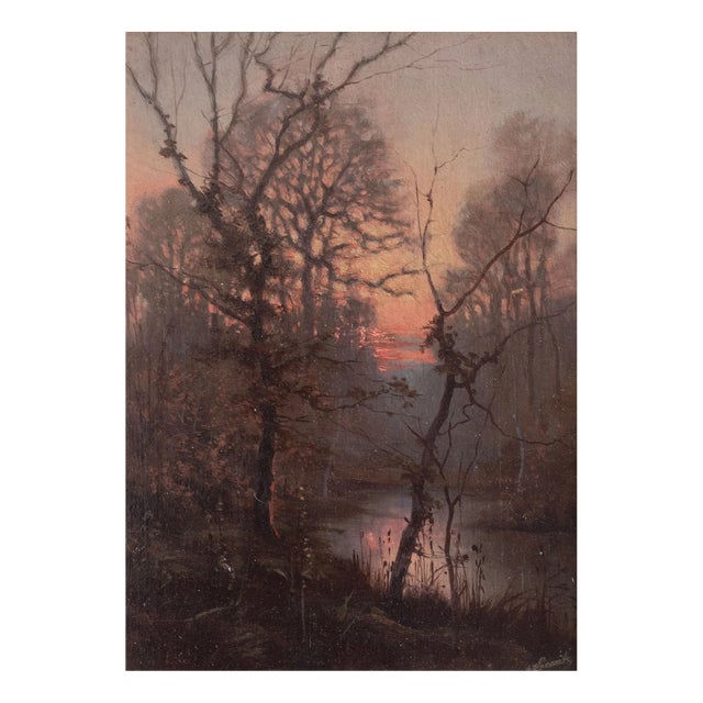 Wooded River Landscape at Sunset, 1800s, Oil on Board For Sale