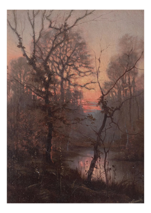 Wooded River Landscape at Sunset, 1800s, Oil on Board