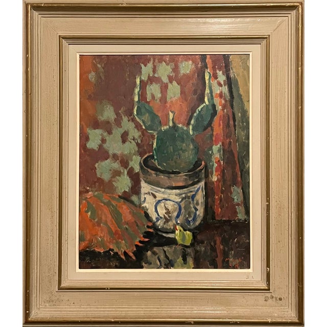 PAQUES, 1958, PARIS Hand signed Oil on board Still life of a potted cactus. DIMENSIONS: (Framed) H: 23.25" W: 20.25"...
