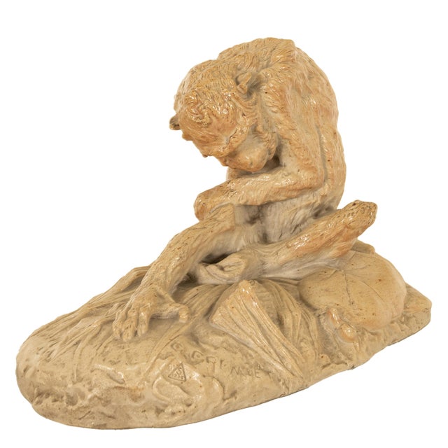 French Antique French Sevres Terracotta Ceramic Monkey Snail Animalier Statue Sculpture by Emmanuel Fremiet, 1905 For Sale - Image 3 of 14