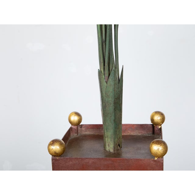 A pair of Italian vintage painted tôle Calla Lilies sculptures from the early 20th century, with white, yellow and green...