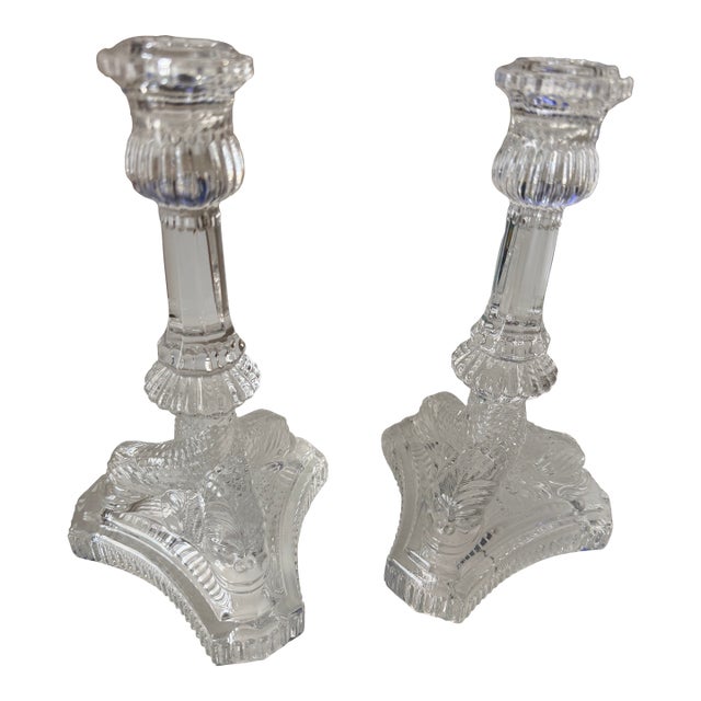 Vintage Tiffany and Co Crystal Glass Candlestick Holders (Pair) Dragon Motif For Sale