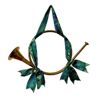 Mid-Century English Christmas Brass Hunting Horn With Peacock Ribbon. For Sale