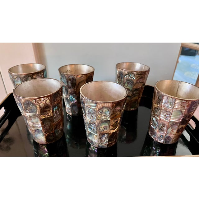 Vintage Brass and Abalone Pitcher & Glasses Set From Mexico- 7 Pieces For Sale - Image 10 of 14