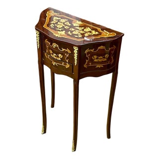 French-Style Marquetry Side Table – Three Small Drawers With Ornate Floral Inlay & Gilded Details For Sale