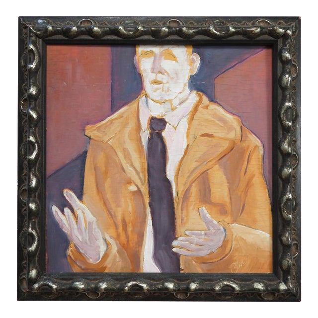 Contemporary Expressionist Man in Tan Coat Portrait Painting For Sale