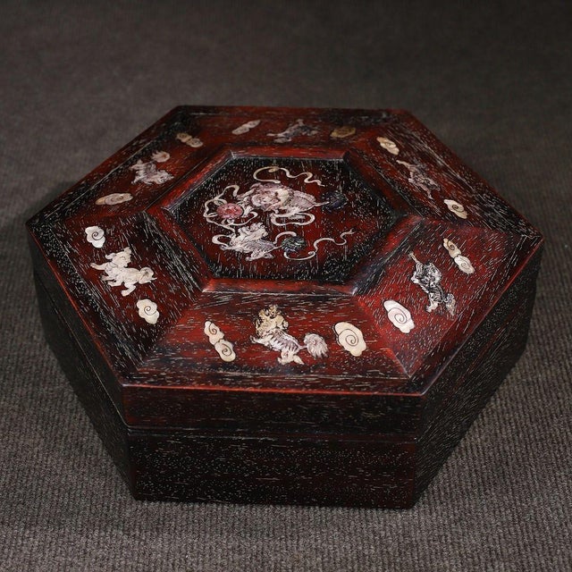 Wood Zitan Wood Hexagonal Box Inlaid With Mother-of-Pearl For Sale - Image 7 of 10
