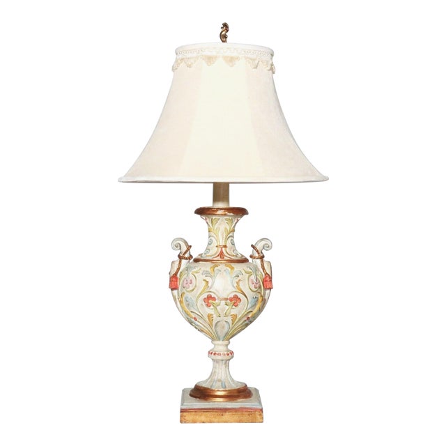 Venetian Carved Polychrome & Giltwood Tasseled Urn Lamp For Sale