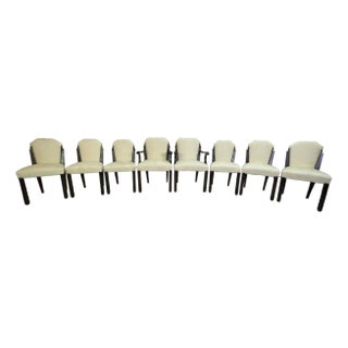 Set of 8 Vintage Art Deco Style Dining Chairs in Ivory Suede-Like Upholstery & Dark Mahogany Frames For Sale