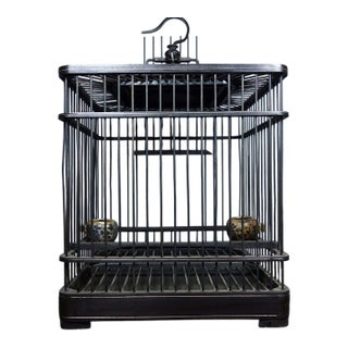 Vintage Chinese Ebony Wood Bird Cage With Brass Inlay and Porcelain Feeders For Sale