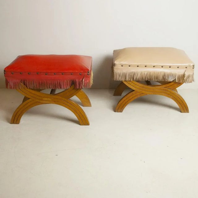 Set of Italian Stool in Wood & Fabric in Gio Ponti Style, 1940s For Sale - Image 9 of 9