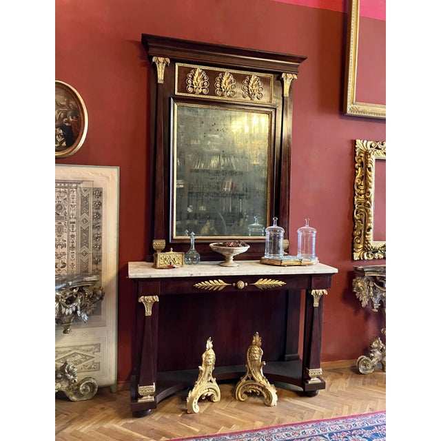 Italian Empire Mahogany and Parcel Gilt Console with Mirror and Carrara Marble Top, Late 18th Century For Sale - Image 16 of 18