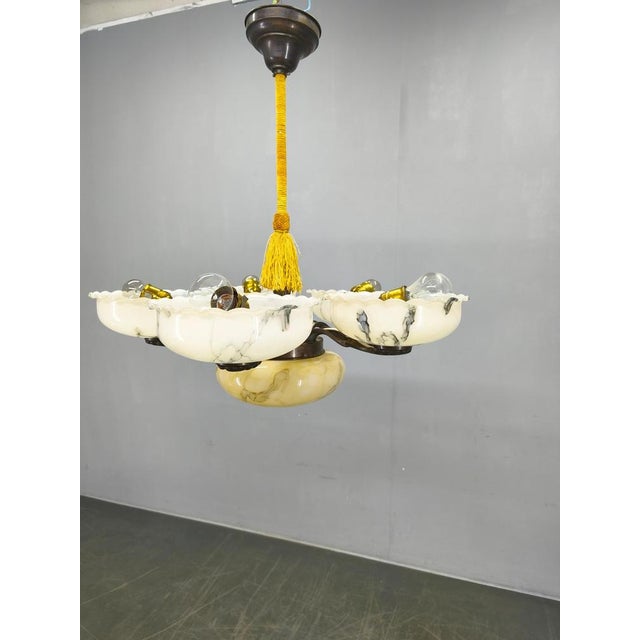 Czech Art Deco Brass Opaline Glass Chandelier, 1940s For Sale - Image 3 of 11