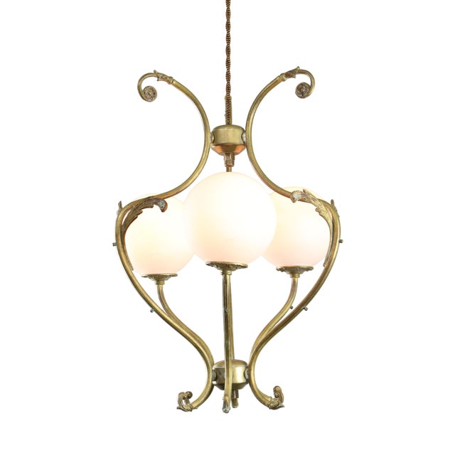 Antique Italian Brass and Opaline Chandelier For Sale