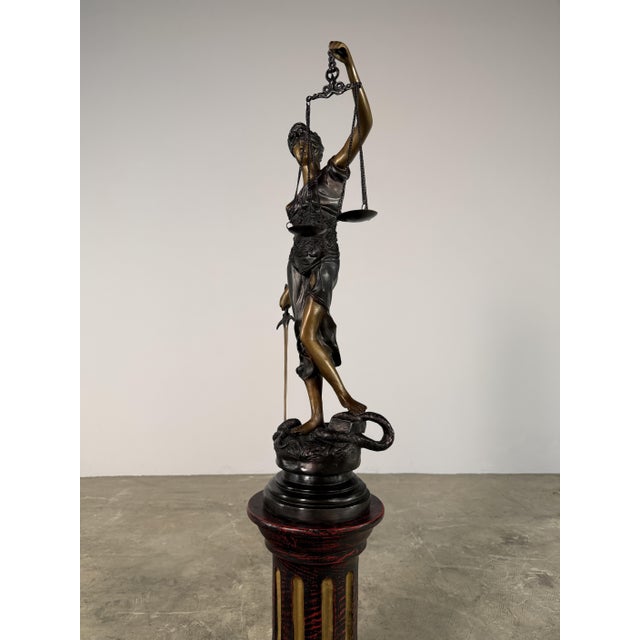 Bronze Lady Justice Sculpture – Blindfolded Justitia With Scales & Sword, 29” Tall For Sale - Image 10 of 13