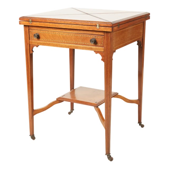 An English Sheraton Mahogany and Satinwood Inlaid Handkerchief Table Early 20th Century, Leather Top From the Estate of Bob Newhart For Sale