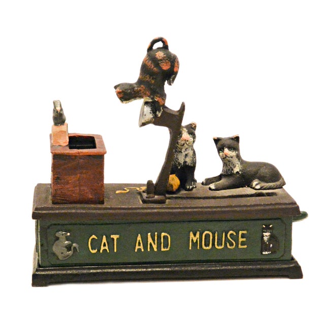 1970s Vintage-Style Cast Iron Mechanical "Cat and Mouse" Coin Bank - Whimsical Folk Art For Sale - Image 5 of 10