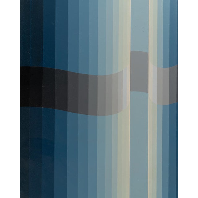 20th Century Belgian Baby Blue Striped Abstract Vintage Painting With Metal Frame by Rene Berdal For Sale - Image 4 of 18