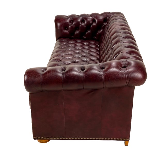 Vintage 1970s Tufted English Chesterfield Style Burgundy Leather Sofa 76" For Sale - Image 14 of 18