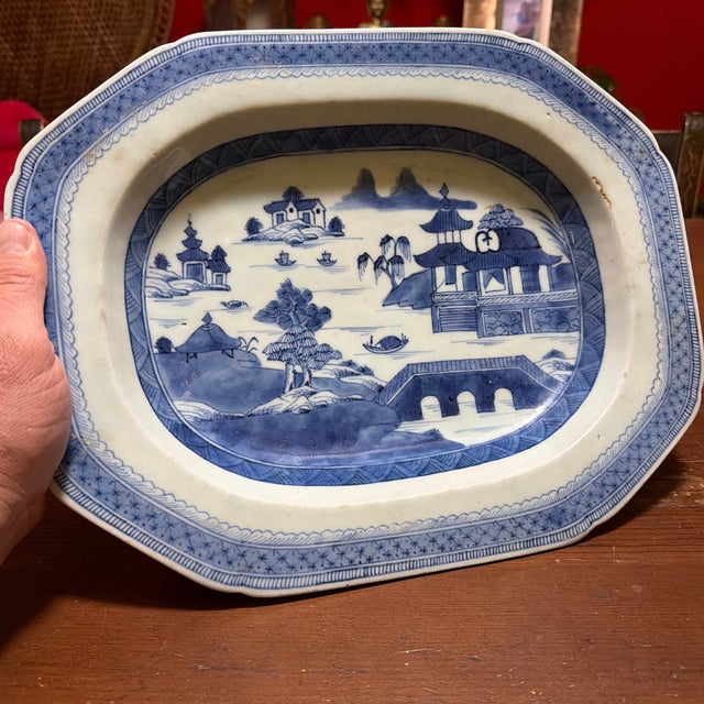 Ceramic Antique Chinese Blue and White Canton Porcelain Deep Platter, Circa 1830s For Sale - Image 7 of 12