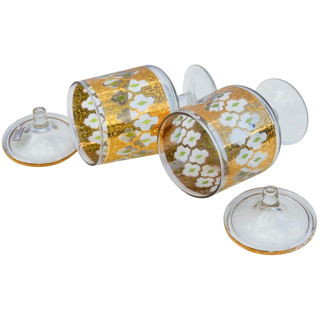 Mid 20th Century Mid 20th Century Green & Gold Patterned Culver Glass Candy Jars- Set of 2 For Sale - Image 5 of 5