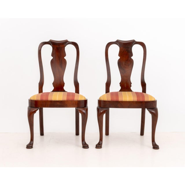 Pair of Queen Anne Style Flame Mahogany Side Chairs, each with vasiform splat and striped fabric upholstered seat. 39" H x...
