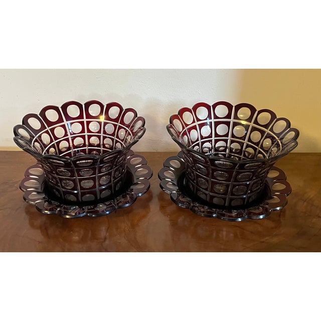 Ruby Red Antique 19th Century Ruby Glass Cut to Clear Crystal Bowls and Under Tray Platters - A Pair For Sale - Image 8 of 12