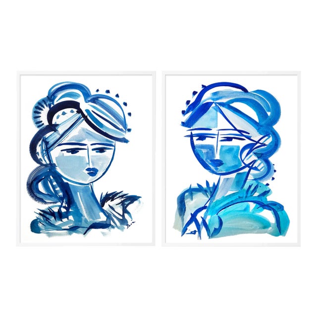Blue Girls Diptych by Maren Devine in White Frame, XS Art Print For Sale