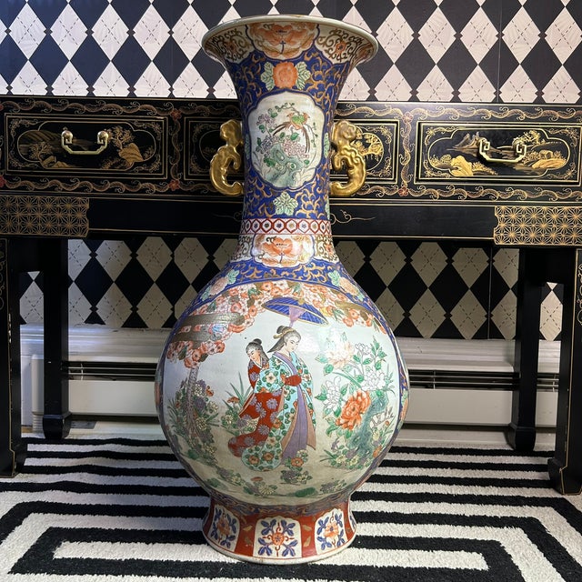 Tall Floor Baluster Form Chinese Porcelain Vase Pair, Chinoiserie 33" For Sale - Image 10 of 12