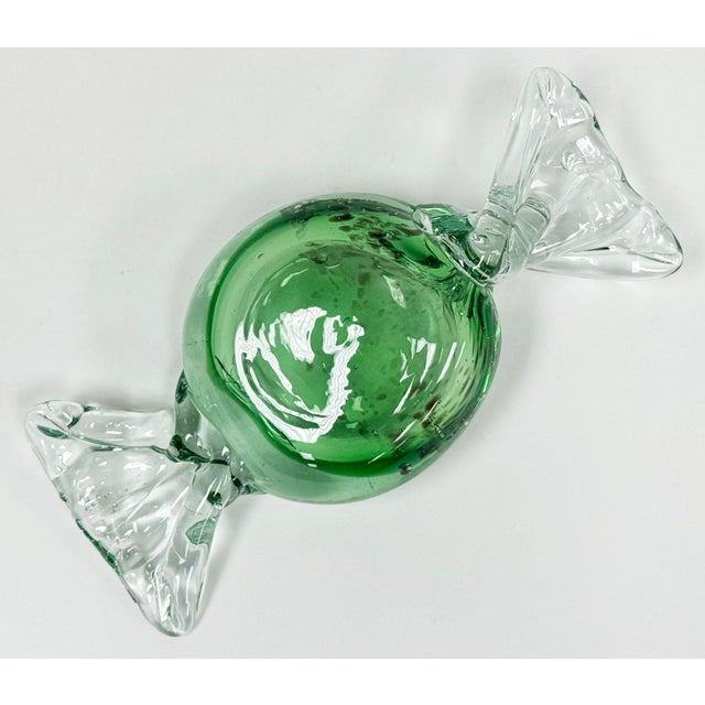 Oversized vintage Murano style blown glass wrap candy decorative objet or paper weight. Vibrant green with brown specks...