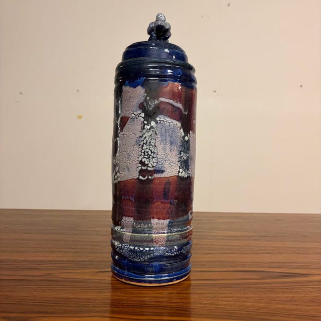 Mid-Century Modern Vintage Studio Pottery Jar With Lid, Indigo Oxblood and Crackle Glaze For Sale - Image 3 of 12