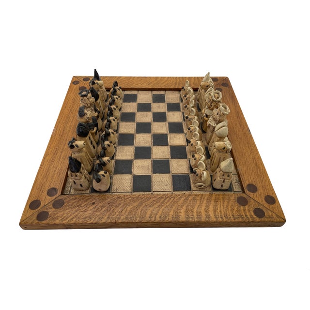 Rustic Figural Animal Terracotta Chess Set With Oak-Framed Board For Sale - Image 3 of 18