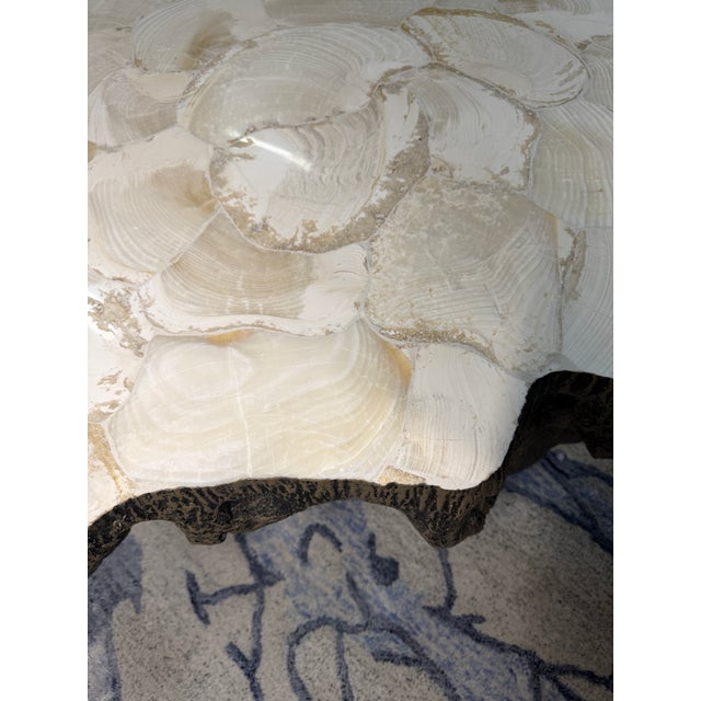 Fossilized coffee table in like-new condition. Inlaid fossilized clam shell on stonecast base made from a natural tree...