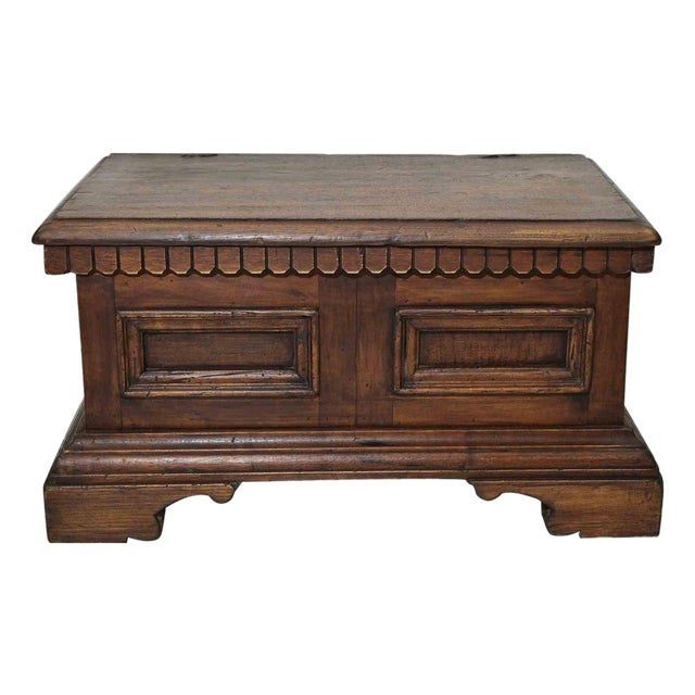 19th Century Rustic Wooden Coffer with Italian Carved Design For Sale