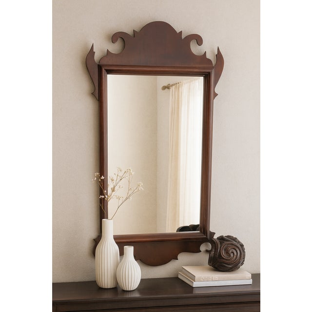 English Vintage Chippendale Beveled Tudor Wall Mirror, English Revival Mahogany Dresser Mirror, Heritage Classic Decor For Sale - Image 3 of 10