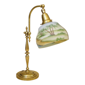 Scenic Reverse Painted Tropical Glass Shade Industrial Age Brass Table Lamp 1910's, Ef Caldwell Handel Style