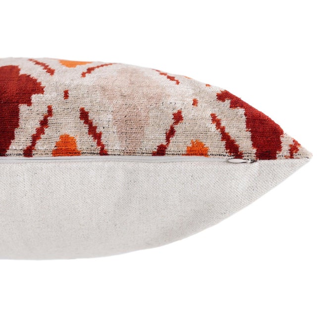 Handwoven Ikat Silk Velvet Throw Pillow 20x20 – Terracotta Rust & Ivory For Sale In San Francisco - Image 6 of 8