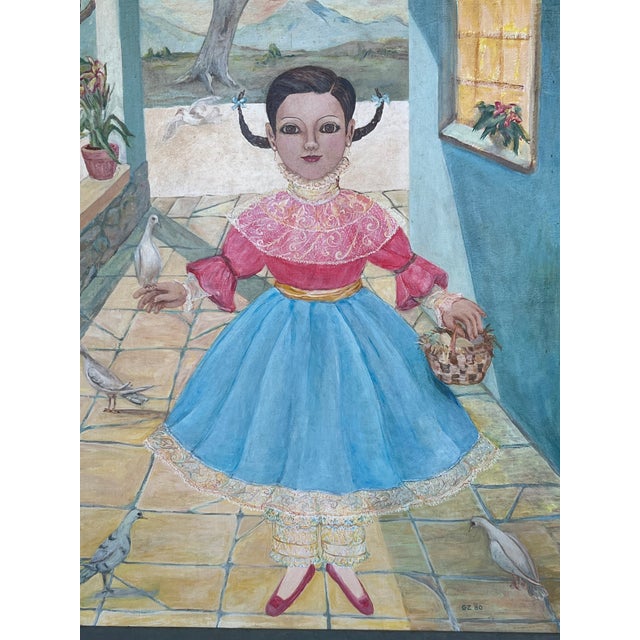 1980s Gene Zolbert Surrealist Painting Girl With Doves For Sale - Image 10 of 12
