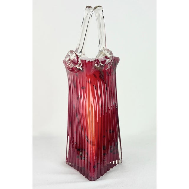 Mid 20th Century Vintage Murano Style Ruby Red Art Glass Purse Vase With Clear Handle & Aventurine Flecks For Sale - Image 5 of 12